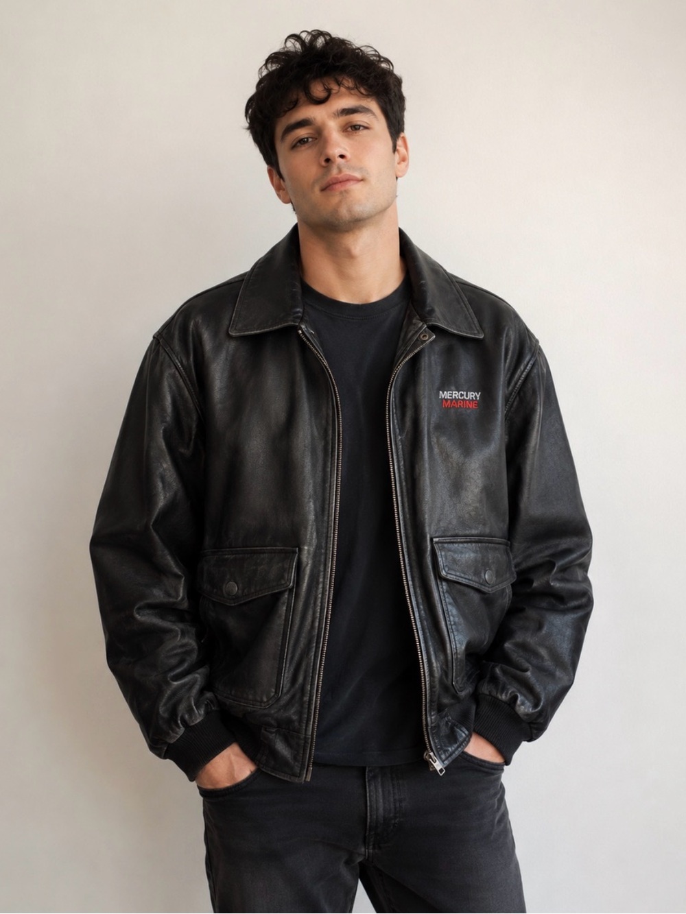 Burk's Bay Mens Black Leather Mercury Marine Embroidered Bomber Jacket